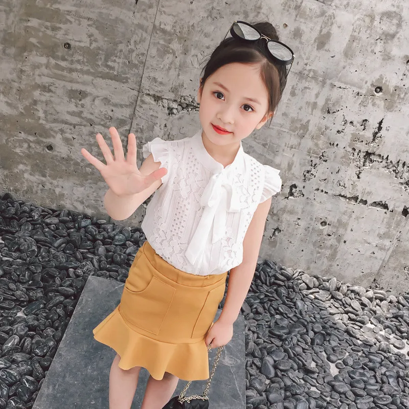 Детская одежда костюм новинка 2019 платье в Корейском стиле кружевное летнее с