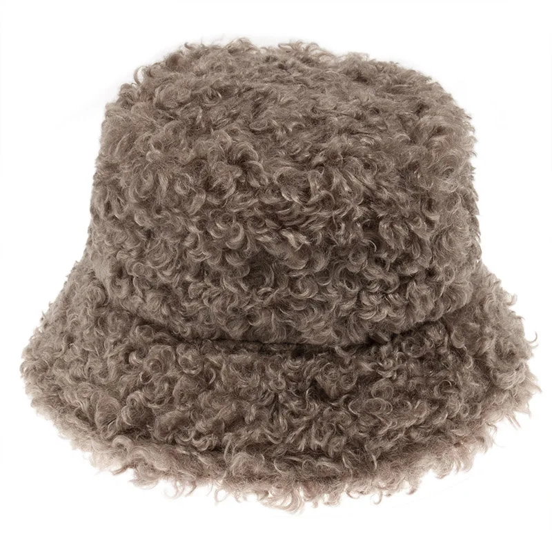 

New Fashion Winter Hat Warm Lamb Faux Fur Bucket Hats For Women Black Solid Fluffy Fishing Cap Panama Bob Fisherman Gorros Women