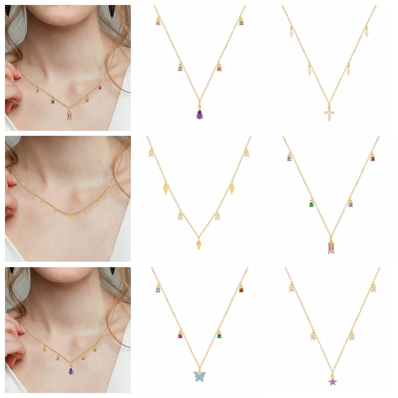 

CANNER 2021 Trend Rainbow Color Zircon Pendant Clavicle Necklace For Women Silver S925 Chain Necklace collares para mujer 1PCS