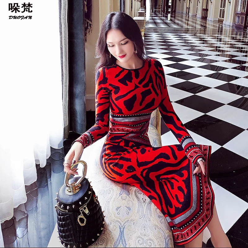 

DUOFAN Women Long Sleeve Red Leopard Print Bodycon Dresses Sexy Pencil Midi Dresses Elegant Slim Dress Evening Party Club Wear