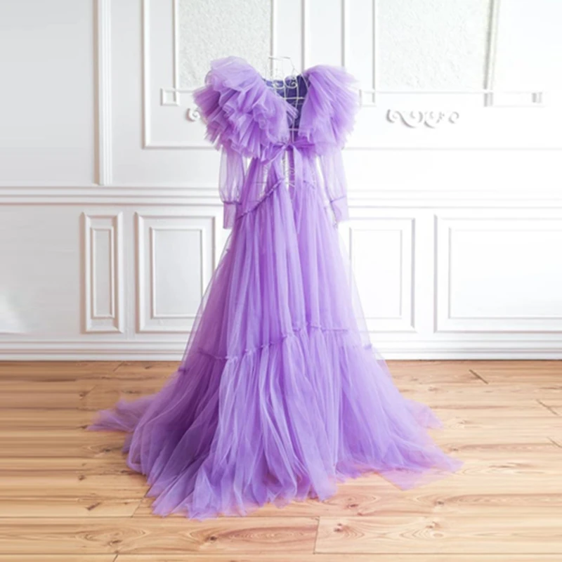 

Dreamlike Lavender Tulle A-line Mayernity Women Dresses Pretty Illusion Ruffles Tiered Baby Shower Gowns Open Front See Through