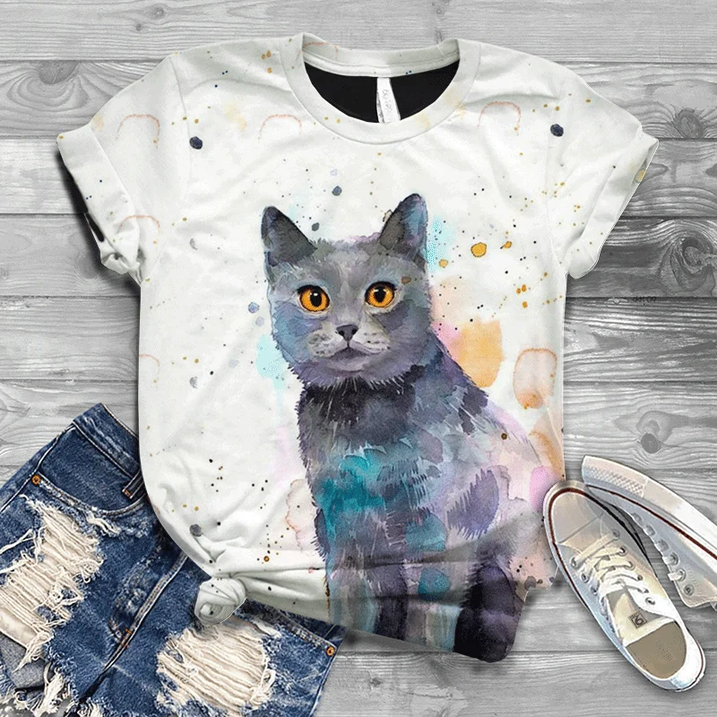 

Harajuku large size animal graphics 2021 style cute animal cat 3D printing new fashion original lady T-shirt lady T-shirt
