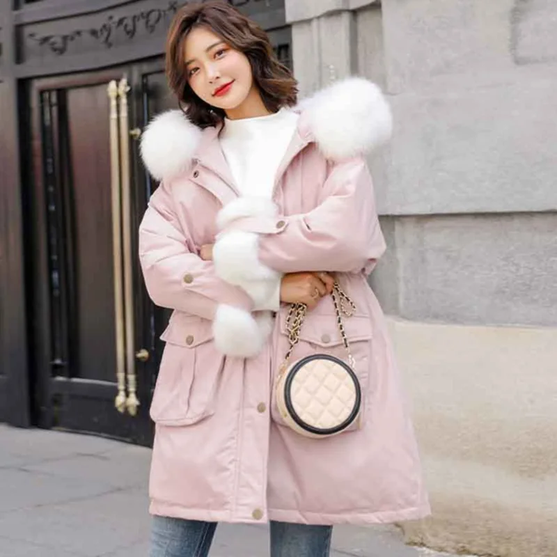 

2019 thick winter fashion female duck down jacket temperament yellow red cotton pure color warm loose oversize student overcoat