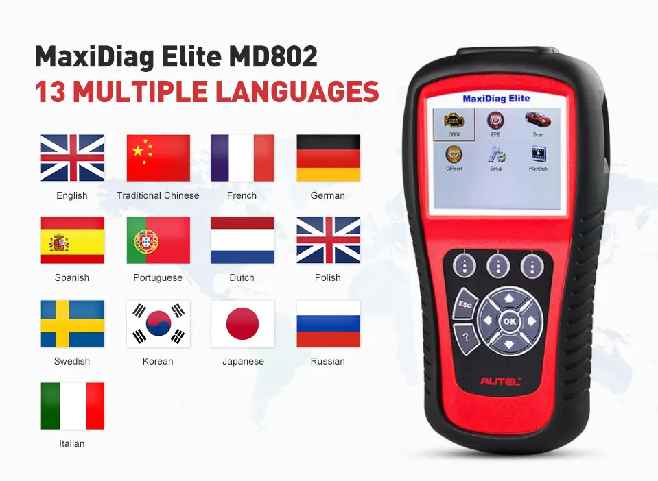 AUTEL MaxiDiag Elite MD802 OBD2 сканер Все системы Детектор автомобиля OBDII считыватель кода EPB сброс масла OBD 2 диагностический инструмент PK MD805