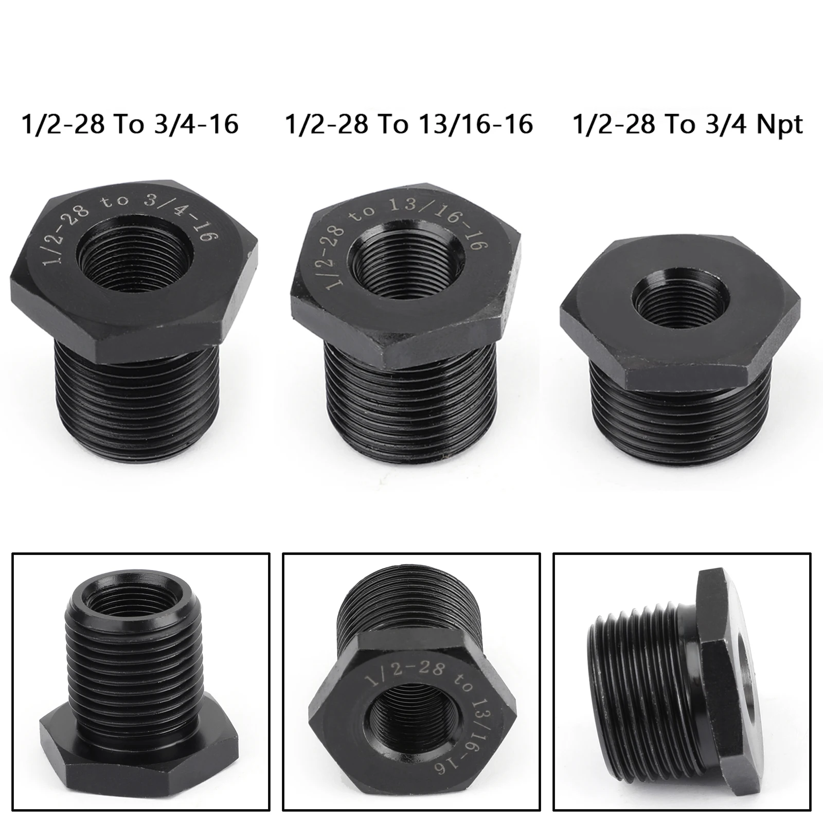 

3PCS 1/2-28 to 3/4-16, 13/16-16, 3/4 NPT Thread Oil Filter Adapters Black New