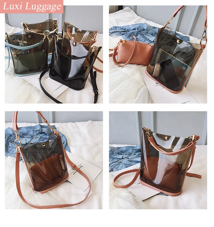 

Transparent PVC Fashion Women Shoulder Shopping Totes Composite Bags Solid Casual Large Capacity Ladies Handbags