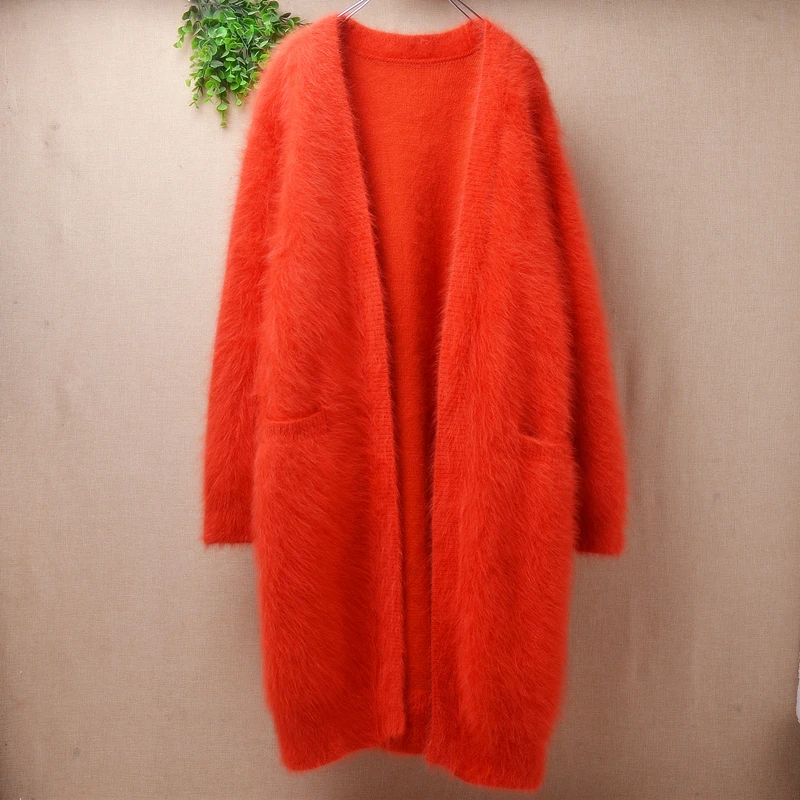 

ladies women fashion orange hairy fuzzy mink cashmere knitted long sleeves loose cardigans angora fur jacket coat sweater pull