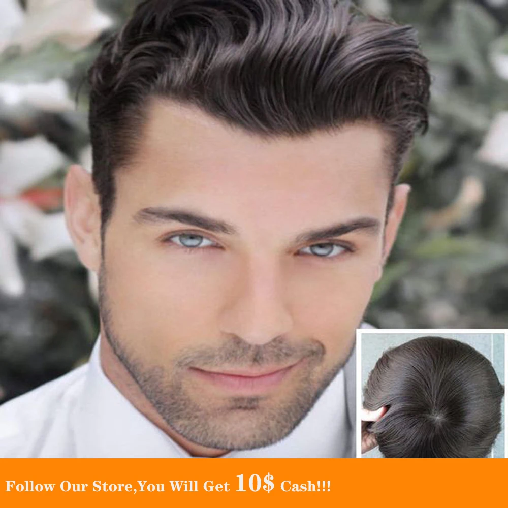 BYMC Thin Men's Toupee Swiss Lace and PU Hair Replacement Systems Handmade Wig Natural Remy 6 Inch European Human For Men | Шиньоны и