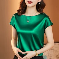 summer korean fashion silk t shirts for women vintage satin tops for women short sleeves loose green office lady shirts