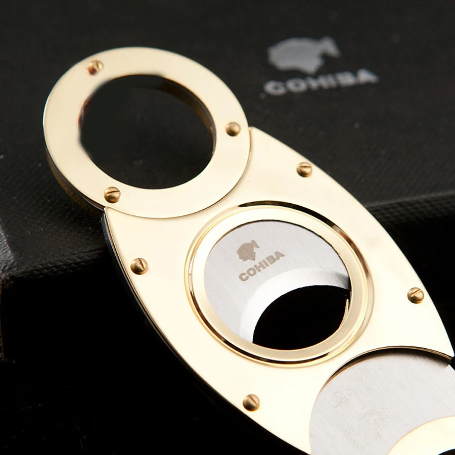 COHIBA двойные ножи из нержавеющей стали Острый Позолоченный Нож для обрезки сигары Карманный гаджет Zigarre кубинские принадлежности для курения 356F
