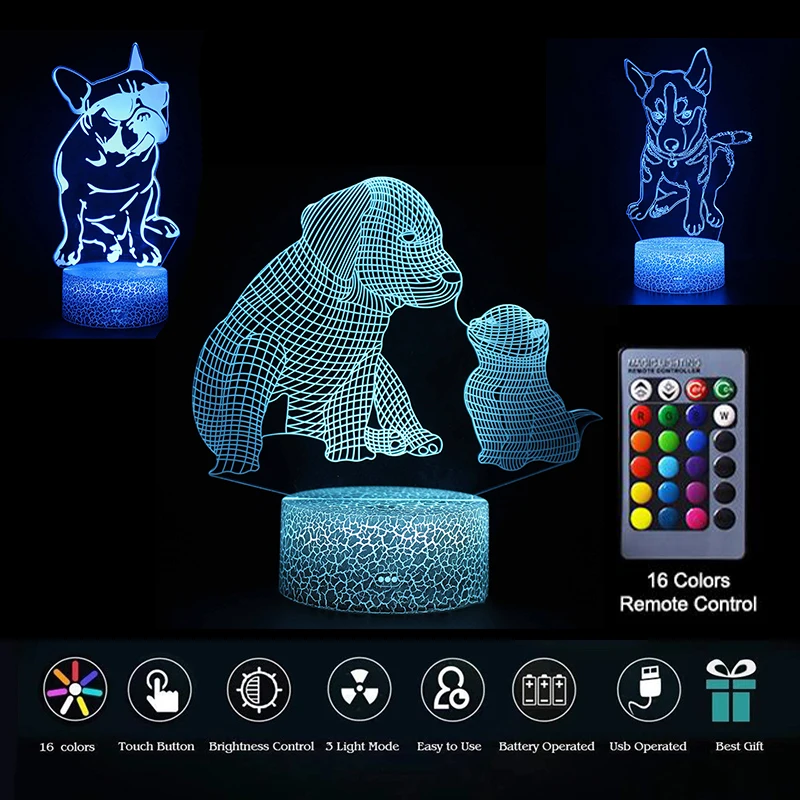 3D Kawaii собака Ночной светильник LED Цветной Спальня Декоративные вулканического