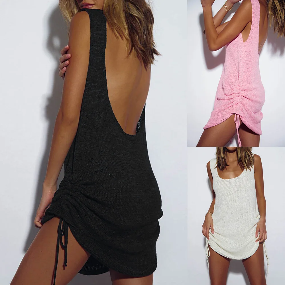 

Womens Sexy Backless Dress Solid Color Side Drawstring Mini Sundress Sleeveless Round Neck Bikini Cover-Ups Beach Dress Swimwear