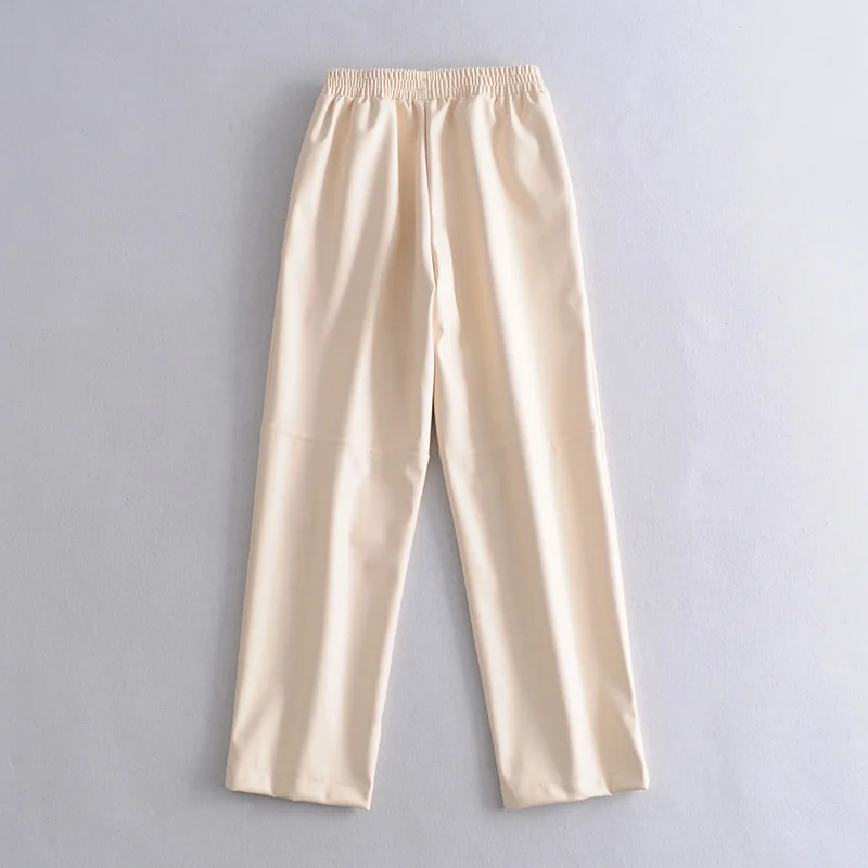 

New PU Leather Loose Pants Women Fashion Faux Leather Trousers Women Elegant Pockets Zipper Brand Pant Female Ladies 2020 Beige