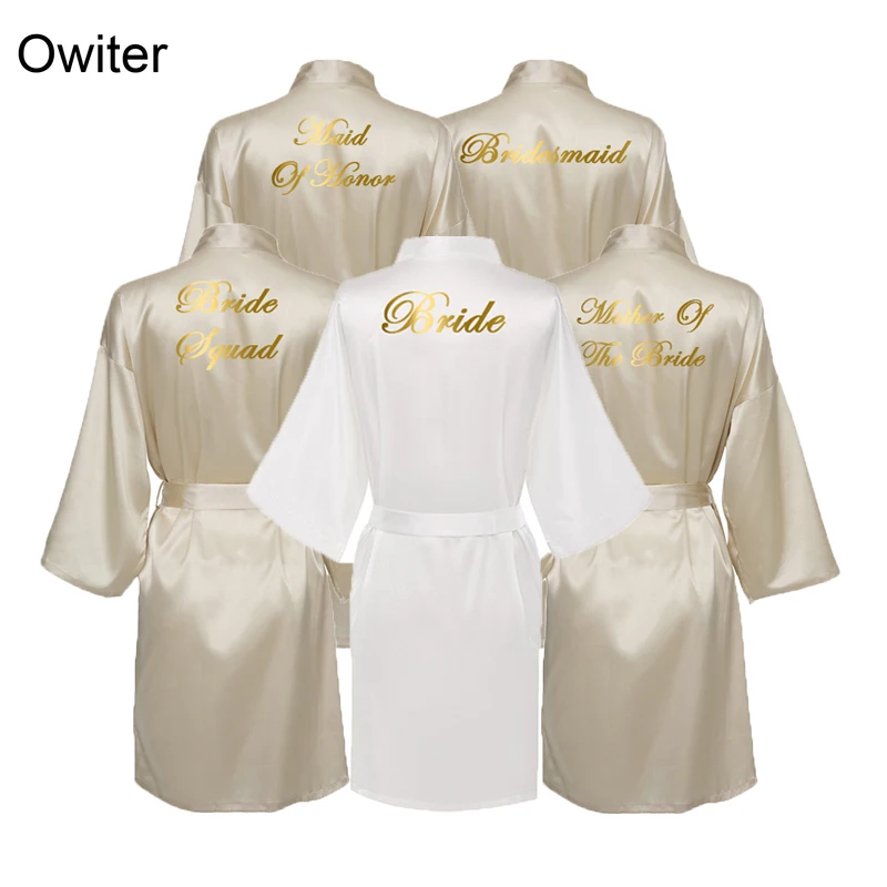 Satin Silk Robe Bride Bridesmaid Robes Wedding Robe Dressing Women Robes Bridal Robe Bride Team Gold Print Bathrobe Champagne