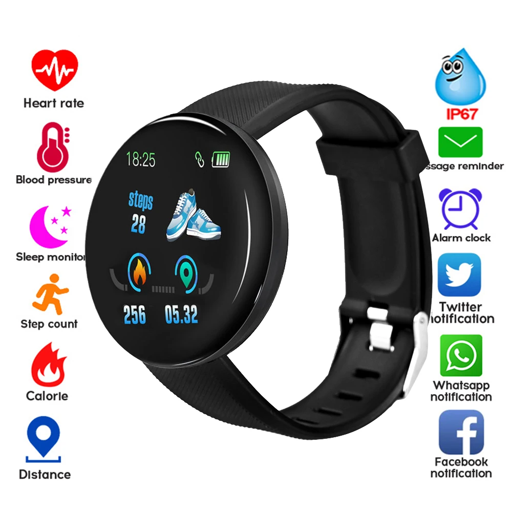 

D18 Bluetooth Smartwatches Fitness Tracker Heart Rate Blood Pressure Monitor Waterproof Sports Pedometer Man Women Smart Watch A