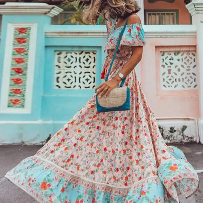 Summer Beach Dress Kimono Bathing Tunic Saida De Praia Plus Size 2019 Ladies Skirt Sexy Shoulders Word Print Acetate Robe Plage