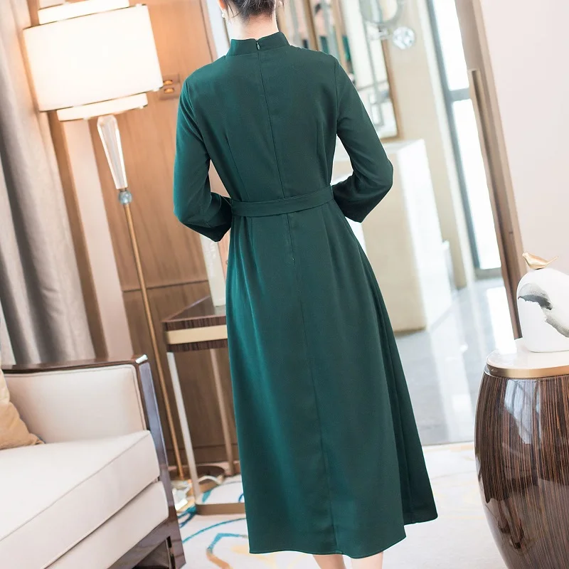 

Vestidos Feminino 2020 Autumn Elegant 50s 60s Women Exquisite Embroidery Long Sleeve Mid-Calf Length Vintage Green Dress