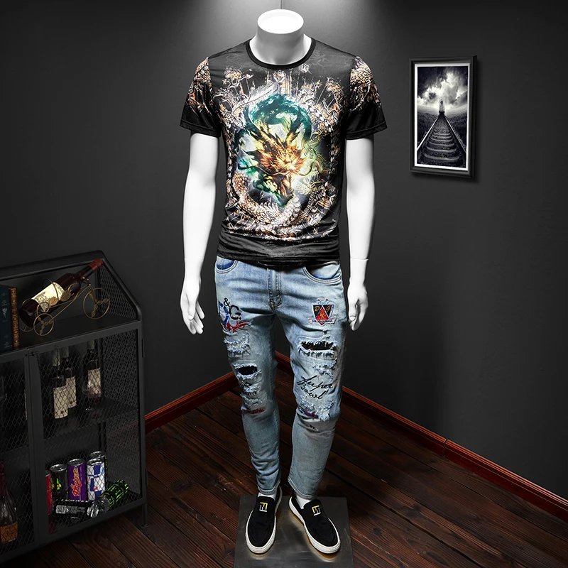 

M-8XL Print Dragons Casual Short Sleeve Camisetas Hombre Male T-Shirt Plus Size Harujuku 2020 New High Quality Mens T Shirt