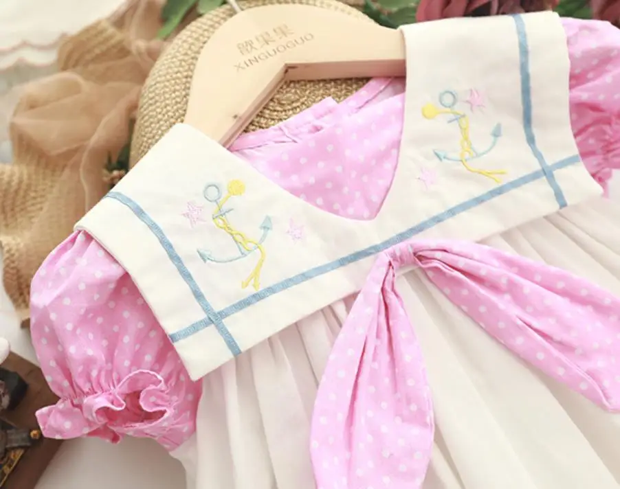 

Summer Vintage peter pan Princess Dress polka dot stitching Casual Dress for Baby Girls 100% Cotton