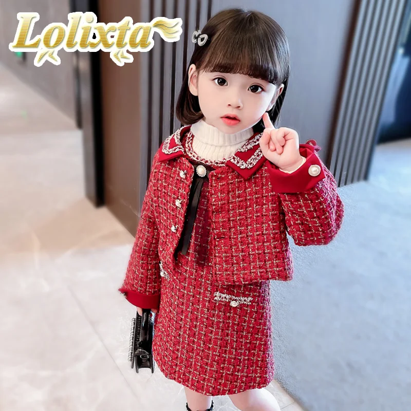 

kids 1-8 years fashion modern jackets+pencil skirts set for little girls red casual spring autumn winter children child clothes