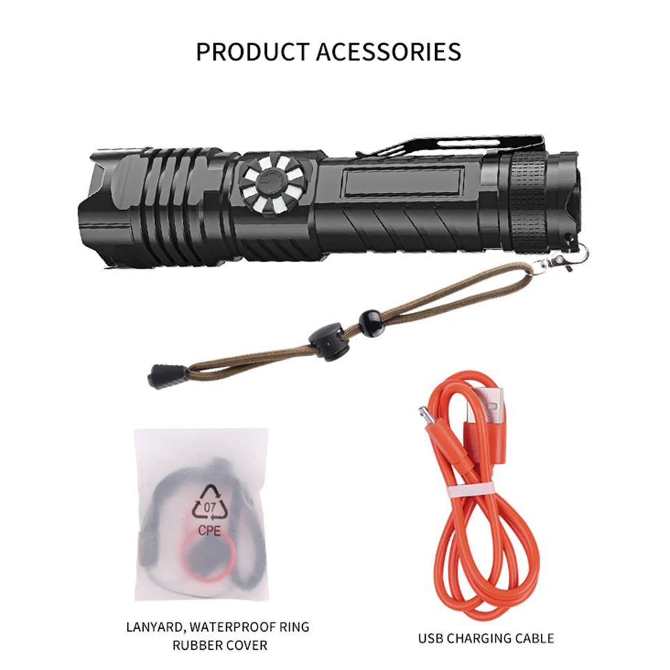 spesifikasi XHP100 Senter LED Aluminium Tipe Peredupan Stepless USB Power Bank Isi Ulang 18650 26650 Senter Baterai Lentera Zoom