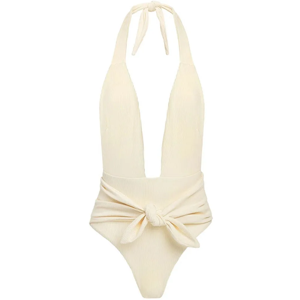 Solid Color Ribbed One-Piece Swimsuit Bikini Backless Halter One Piece Swimwear Summer Women Lace-up White Bather Bathing Suit |