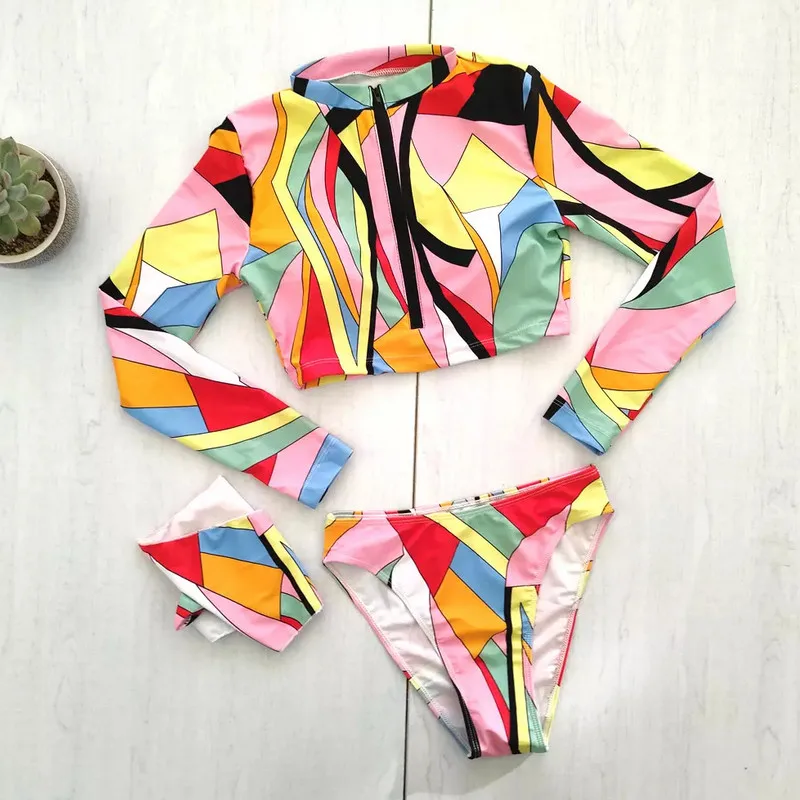 Женский купальник с длинным рукавом Цветочный комплект бикини пуш-ап на молнии