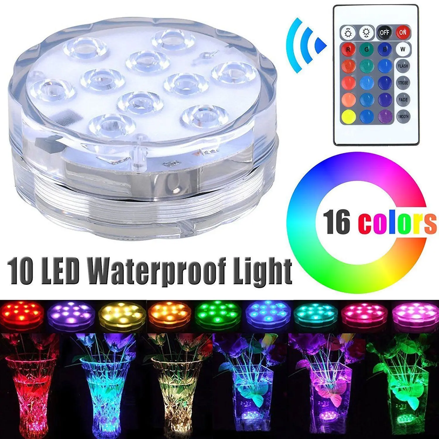 

10leds RGB Underwater Submersible Led Light Waterproof Battery Operated Pond Swimming Pool Light For Vase Base,Floral,Aquarium
