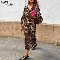bohemian women leopard printed dress celmia 2022 fashion puff sleeve sundress sexy v neck midi robe casual loose party vestidos