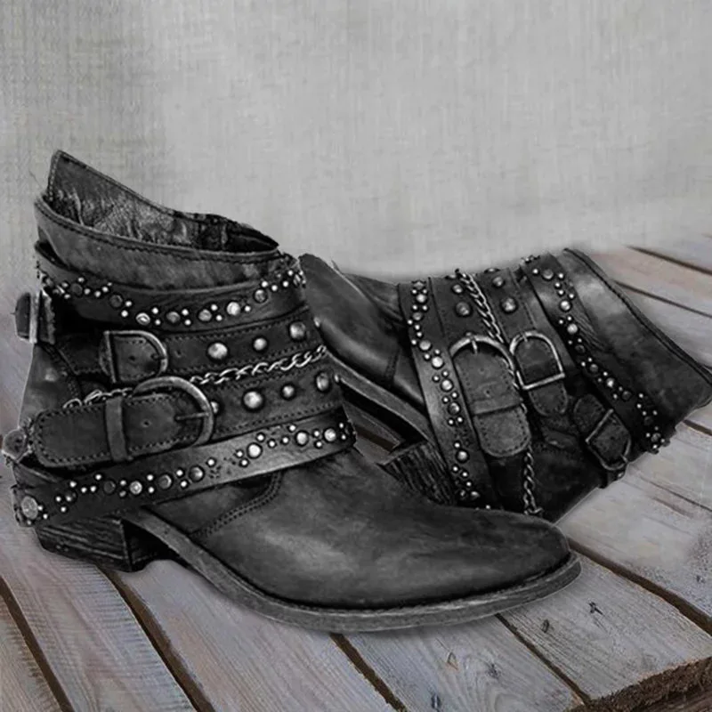 

Women ankle boots low heels shoes vintage PU leather gladiator booties rivets buckle deco woman mujer zapatos botas mujer 2020