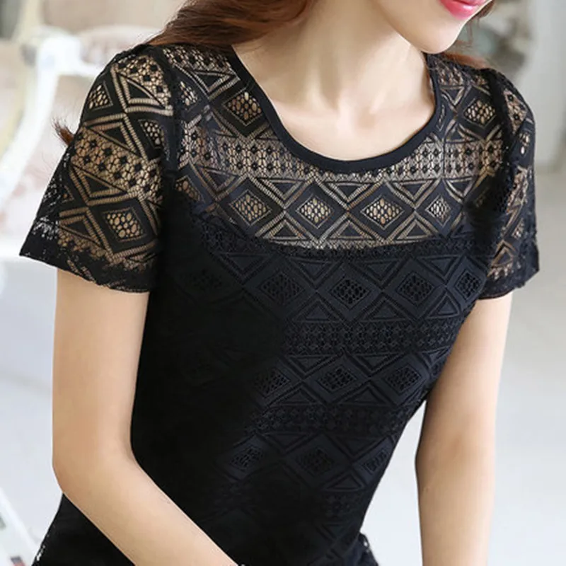 

Blouse Lace Crochet Female Korean Shirts Ladies Blusas Tops Shirt White Blouses slim fit Tops New Women Clothing Chiffon