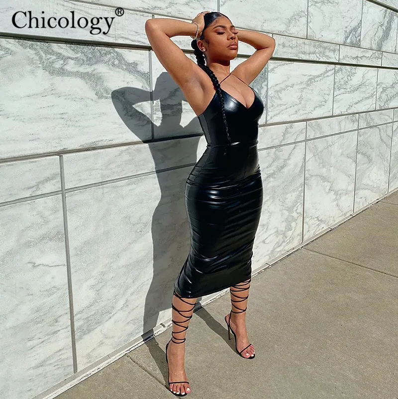Chicology PU сексуальное элегантное платье миди на тонких бретельках Bodycon 2020 зимняя