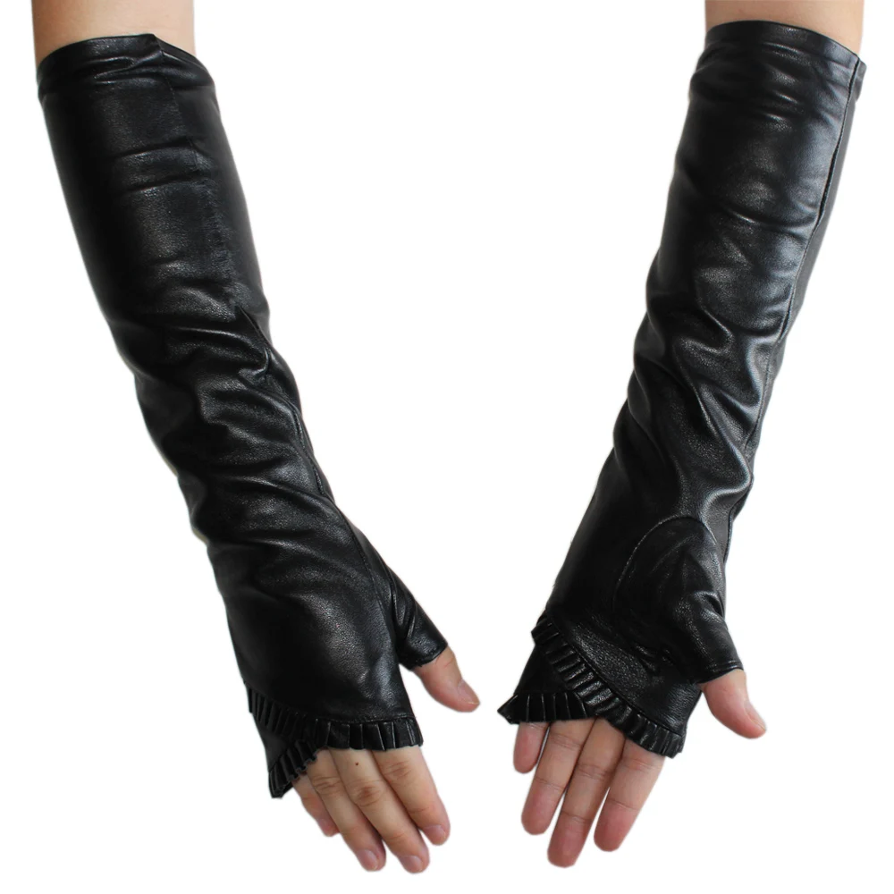 

Новые женские длинные кожаные перчатки, черные модные перчатки из овечьей кожи с бархатной шелковой подкладкой на полпальца, осень и зима