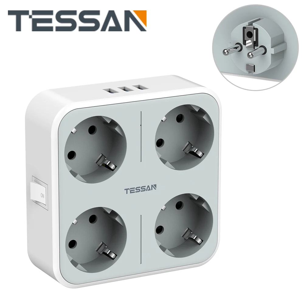 

TESSAN 7 in 1 USB Wall Socket with On/Off Switch 4 AC Outlets 3 USB Ports EU Multiple Socket Power Adapter for Home and Office