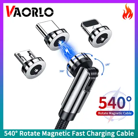 Магнитный зарядный кабель VAORLO с вращением на 540 °, быстрое зарядное устройство с нейлоновой оплеткой типа C Micro USB для iPhone Xiaomi