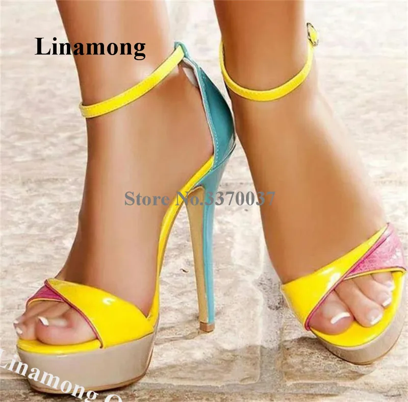

Linamong Shining Patchwork Stiletto Heel High Platform Gladiator Sandals Pink Yellow Blue Mixed-colors High Heel Sandals