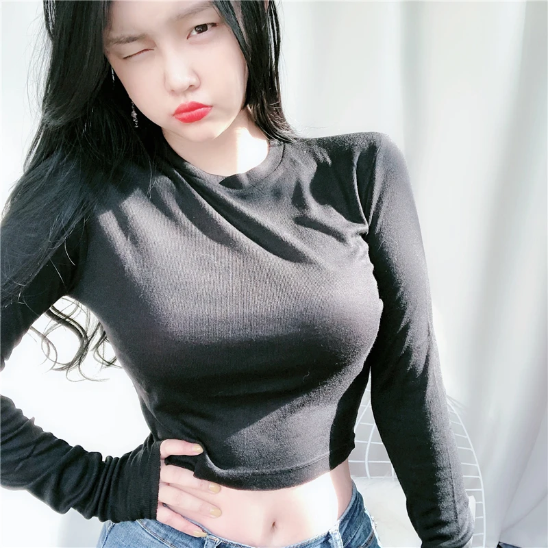 

Кроп-топ женский с длинным рукавом, пикантная футболка с круглым вырезом, Повседневная рубашка в Корейском стиле, белый и черный цвета, осен...