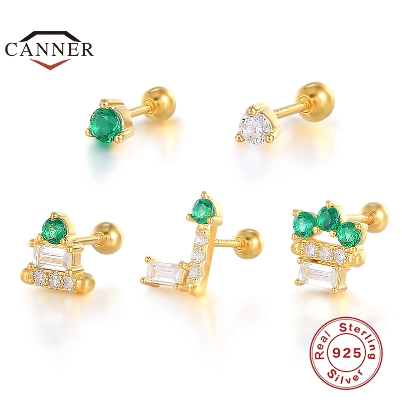 

CANNER 1Pc 925 Sterling Silver tud Earrings for Women Green Zircon Spiral Cartilage Piercing Earring Jewelry Pendientes Kolczyki