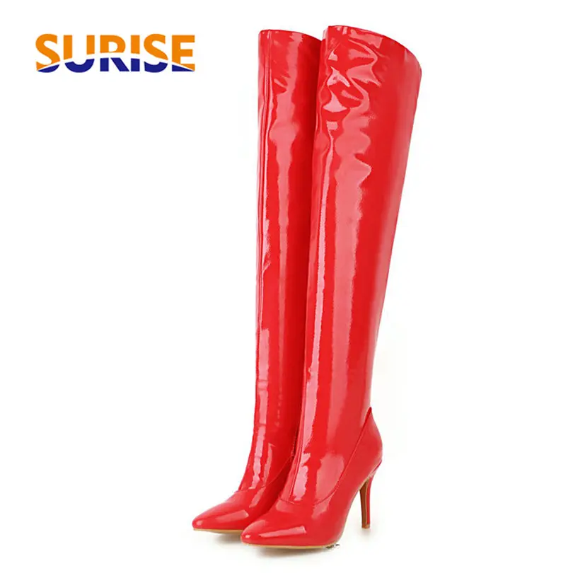 Женские сапоги выше колена из лакированной кожи на тонком каблуке 8 см | Обувь