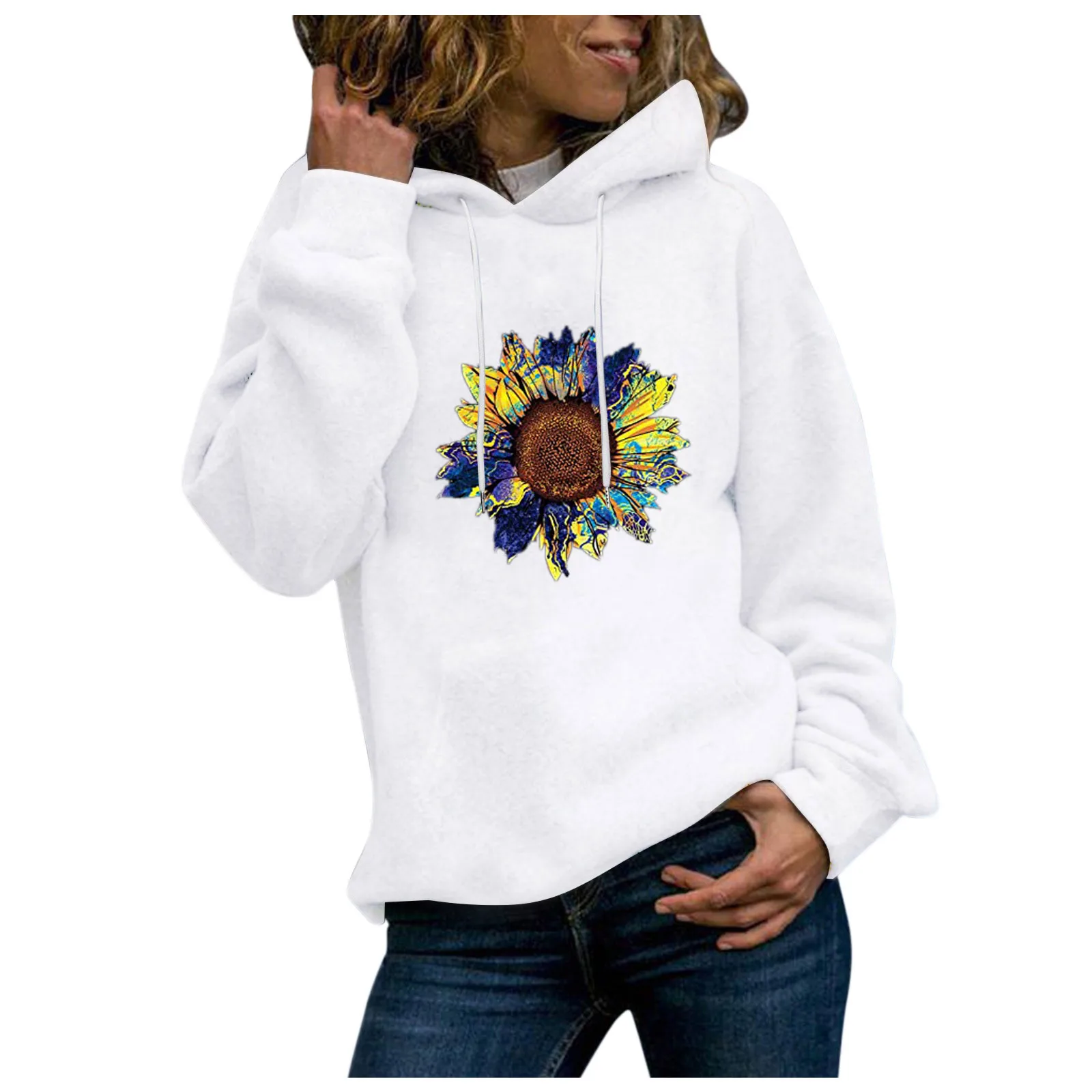 59# Oversized Hoodies Women Blouses Bottoming Hooded Long Sleeve Tops Loose Flower Printed Sweatshirt Girl Pullover Blouse