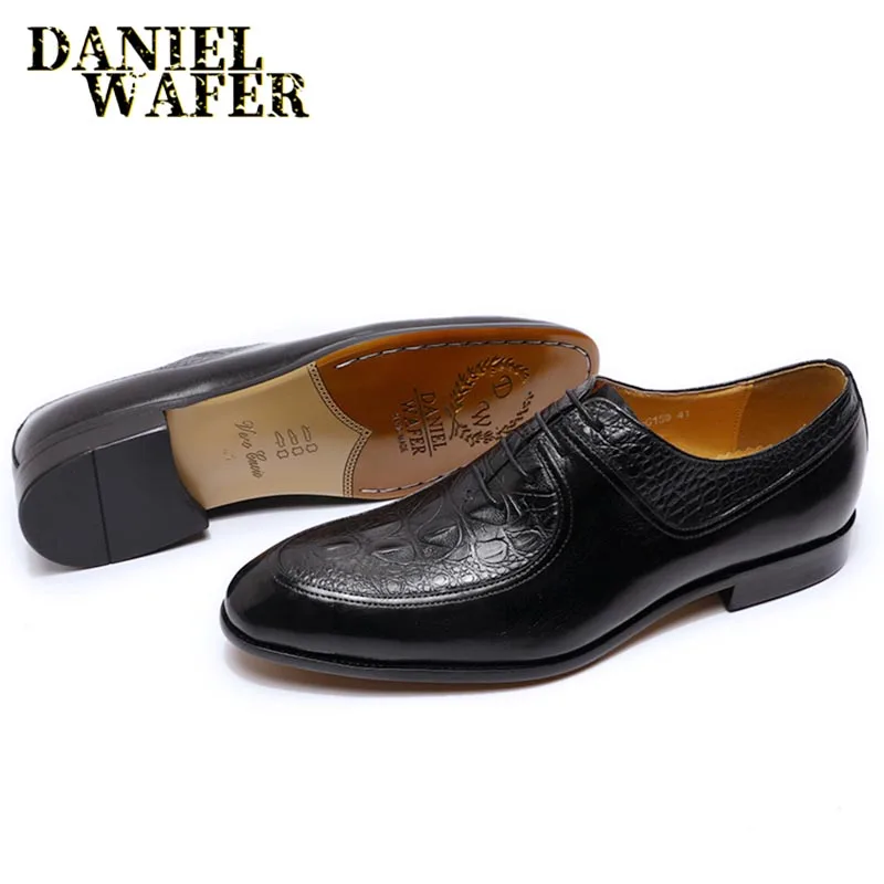 

Men's Oxford Genuine Leather Shoes Black Green Luxury Style Crocodile Prints Lace up Formal Shoes Wedding Office Dress Shoes Men