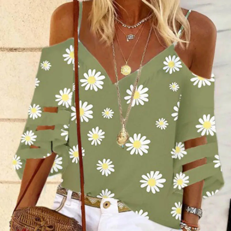 Женская блузка с открытыми плечами V-образным вырезом и рукавом-фонариком