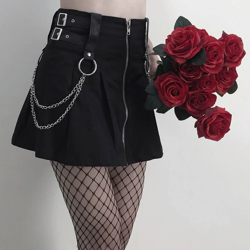 

Summer High Waist Short Skirt Women Zipper Iron Chain Punk Women Sexy Skirts PU Leather Belt Gothic Cosplay Lady A-Line Skirts