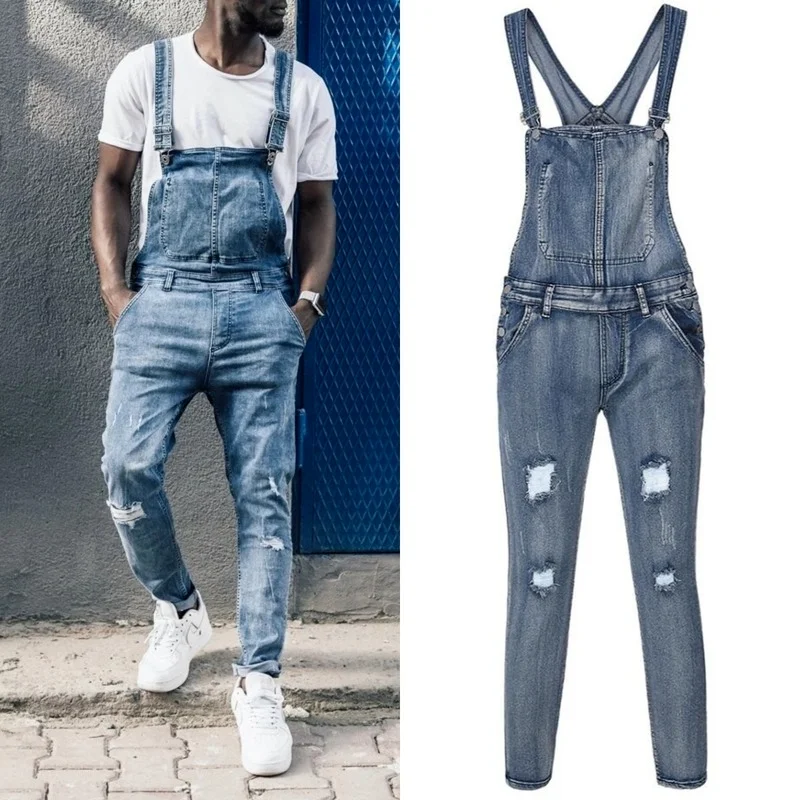 

Lugentolo Ripped Jeans Overalls Mens Spring Summer Fashion Streetwear Plus Size Mid Waist Washed Jeans