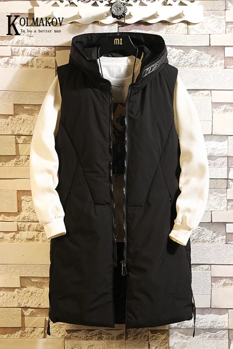 

KOLMAKOV Men's Autumn Winter Cotton Vest Slim And Thicken Medium And Long Solid Color Hooded Jacket Male Size S-3XL