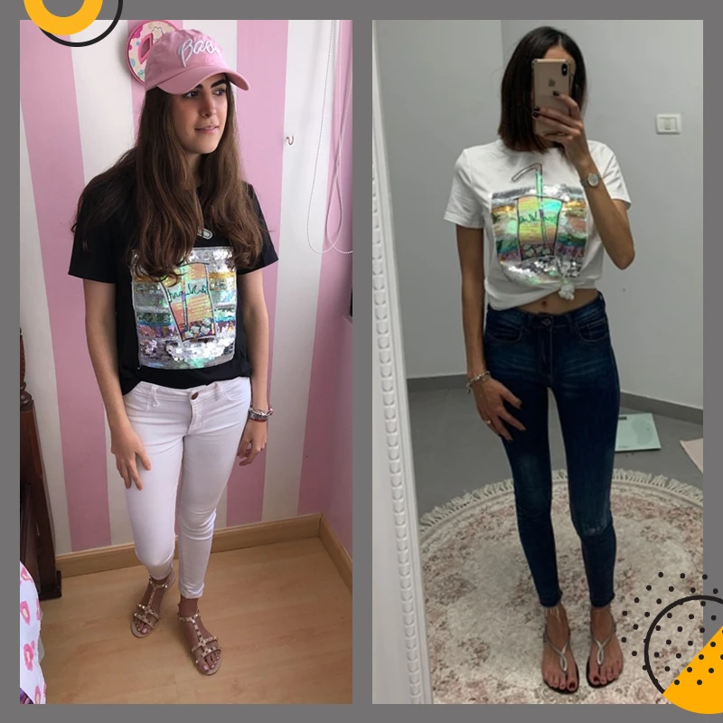 Dotfashion белый топ с блестками и цветными блоками для женщин Летняя Повседневная футболка с коротким рукавом Женская корейская модная футболка
