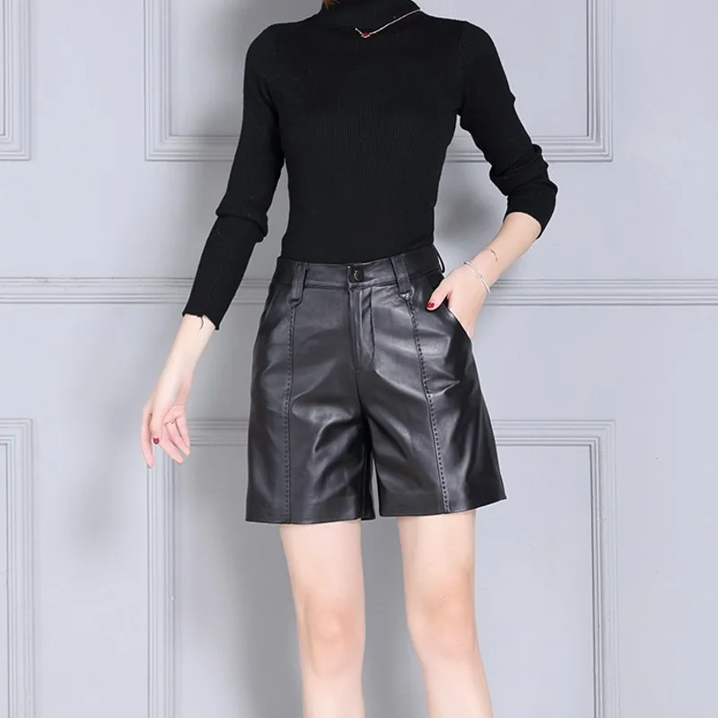 Genuine Leather Fashion Womens Shorts Streetwear High Waist Casual Stretchy Trousers Punk Comfort High Quality Pantalon Female