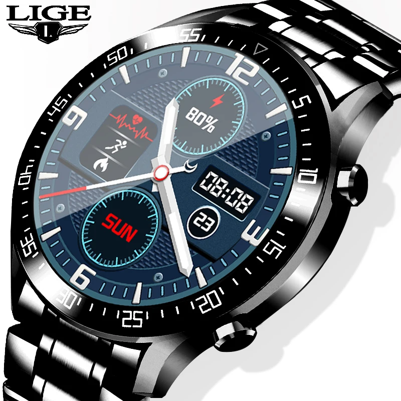 Best Price LIGE 2020 New Steel Band Smart Watch Men Heart Rate Blood Pressure Sports Multi-Function Full Touch Screen Waterproof Smartwatch
