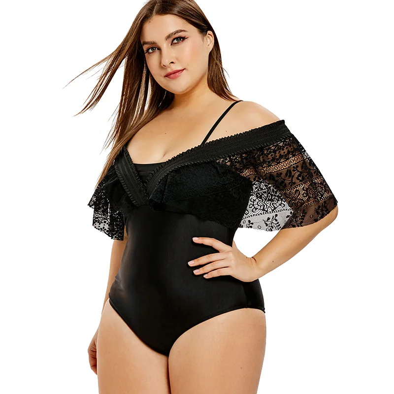 Женский Цельный купальник с кружевной вставкой размера плюс обтягивающие боди