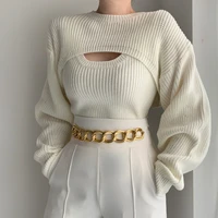 fall 2021 retro solid color two piece womens pullover korean o neck long sleeved casual fashion knitted sweater